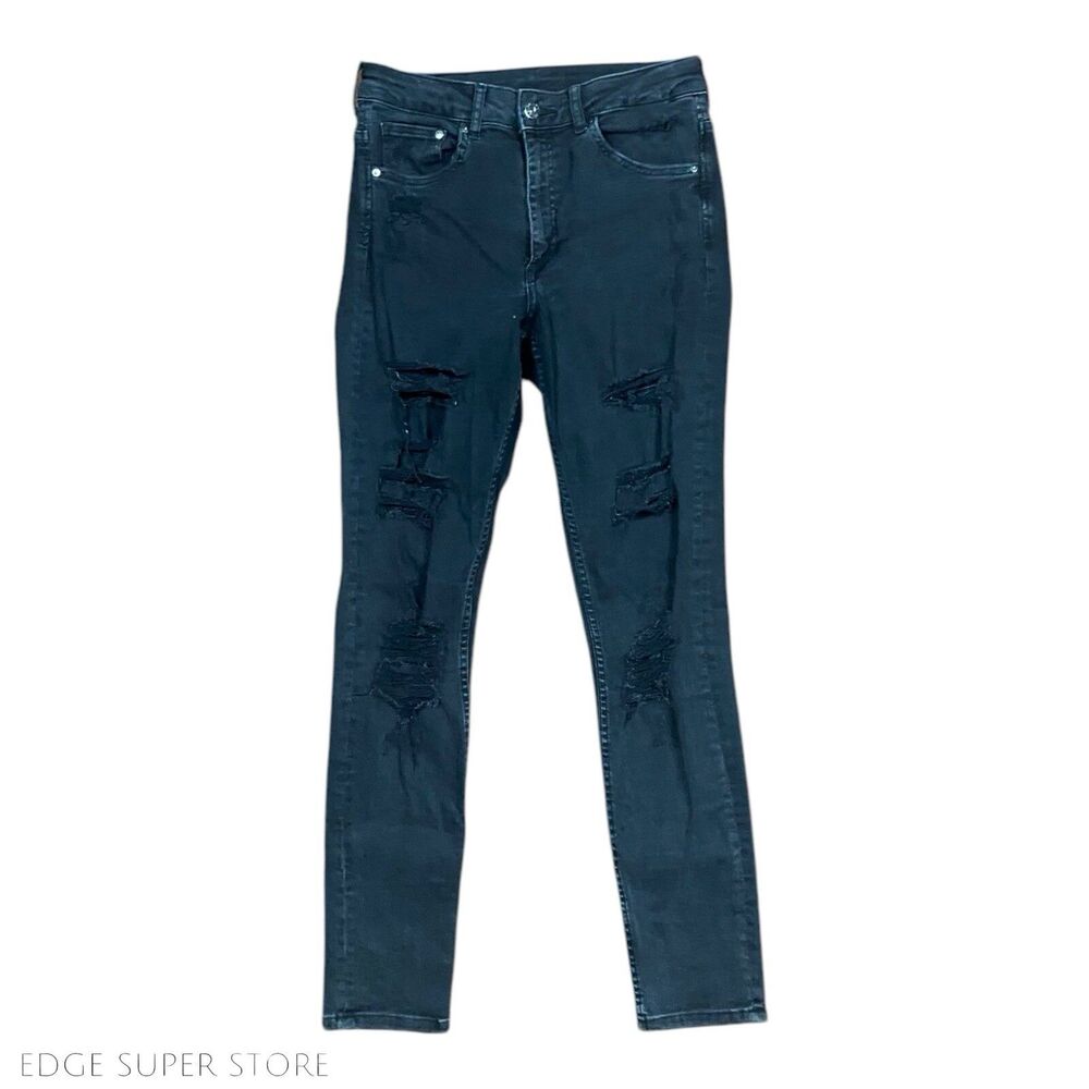 H&M Skinny Leg Dark Wash Black High Waist Ripped Distressed Denim Jeans Size 29
